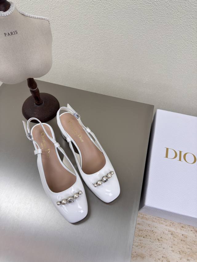 Mid-Heel, Open Back, Pearl Decoration, High-Quality White Logo With A Luxurious