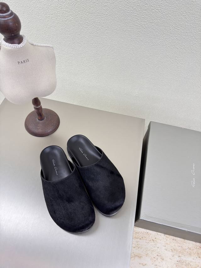 Owens Slippers Rick Owens-24Fw Thick Sole Ro Series Cowhide Series Black Horse H