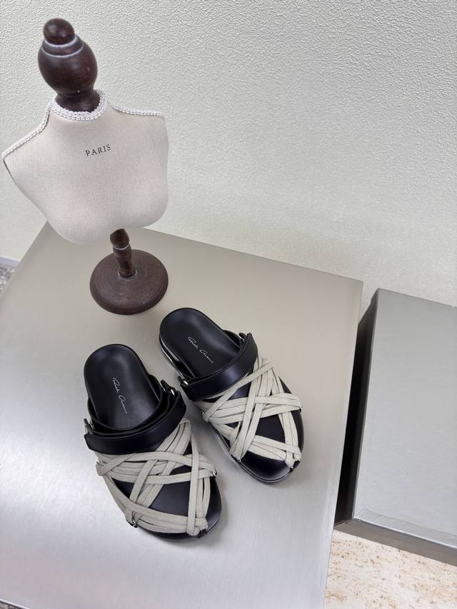 Owens Slippers Rick Owens-24Fw Thick Sole Ro Series Cowhide Series Black Cowhide