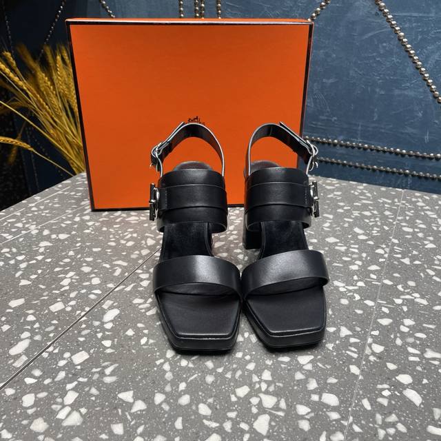 Herm S Hermes Waterproof Platform Thick Heel High Heel Sandals Fabric: Cowhide A