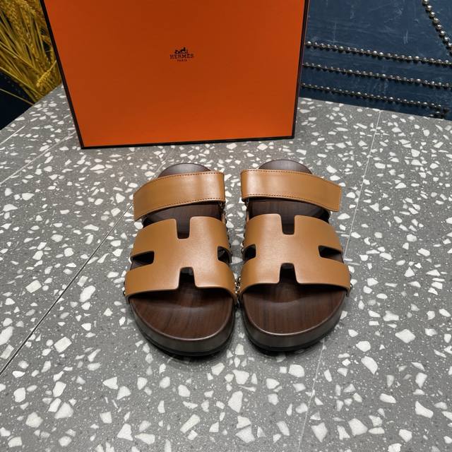 H's New Hermes Second Uncle Slippers Upper: Palm Grain Cowhide Cowhide Sheepskin