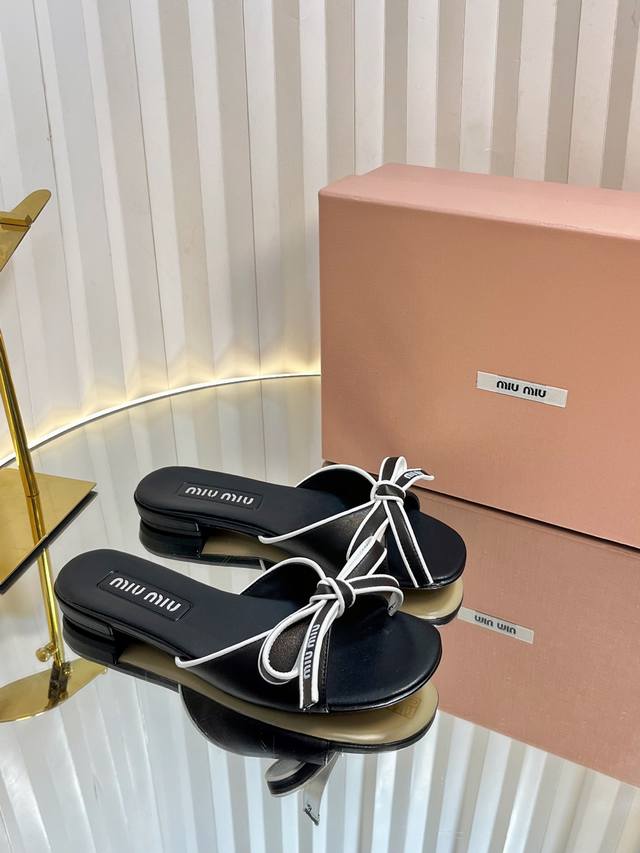 Miumiu25Ss Spring And Summer Miu Miu Bowknot Slippers Pure Leather Sandals Simpl