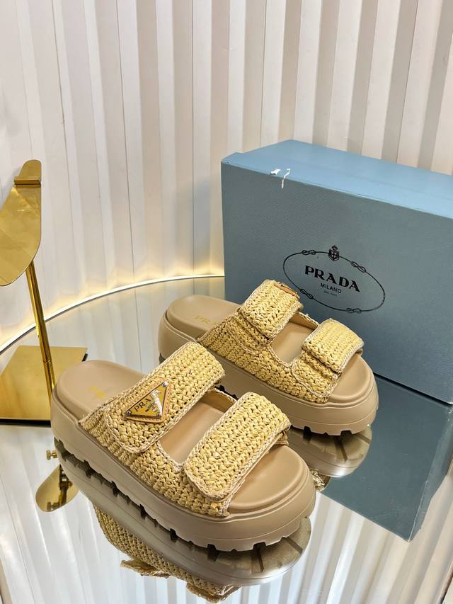 Latest Series Prad* Prada 25 Straw Thick-Soled Velcro Sandals And Slippers Roman