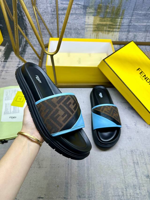 Fendi Latest Wide Padded Slippers, Brown Ff Jacquard And Blue Cowhide Stitching,