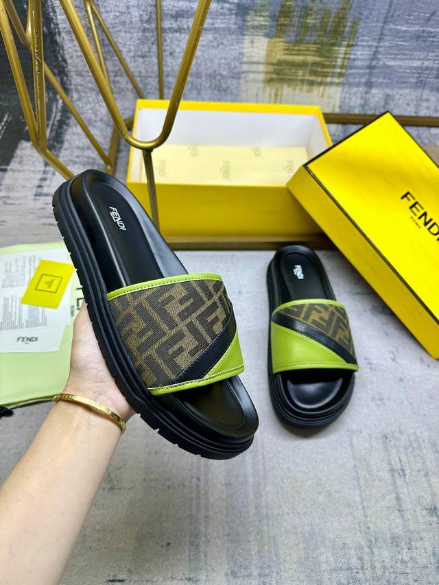 Fendi Latest Wide Padded Slippers, Army Green Ff Jacquard And Green Cowhide Stit
