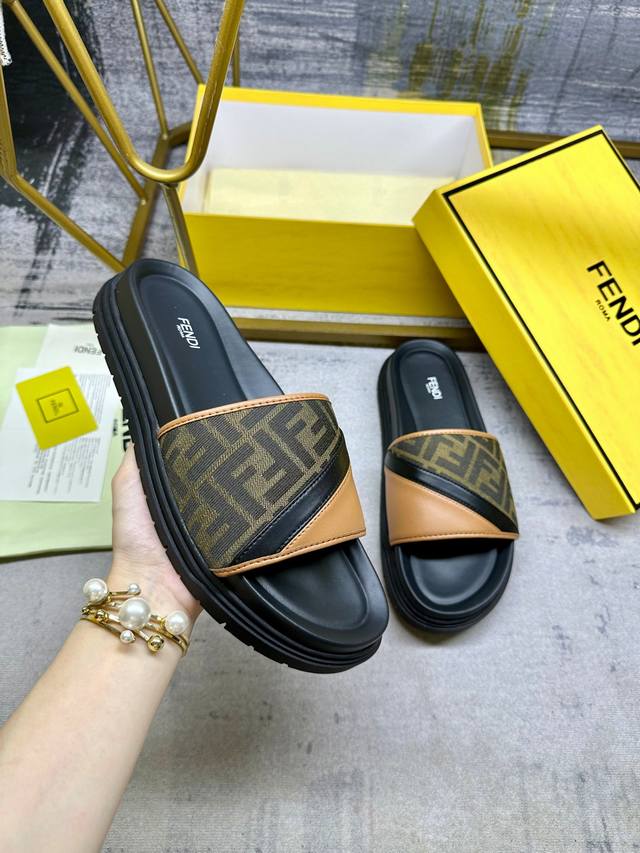Fendi Latest Wide Padded Slippers, Brown Ff Jacquard And Brown Cowhide Stitching