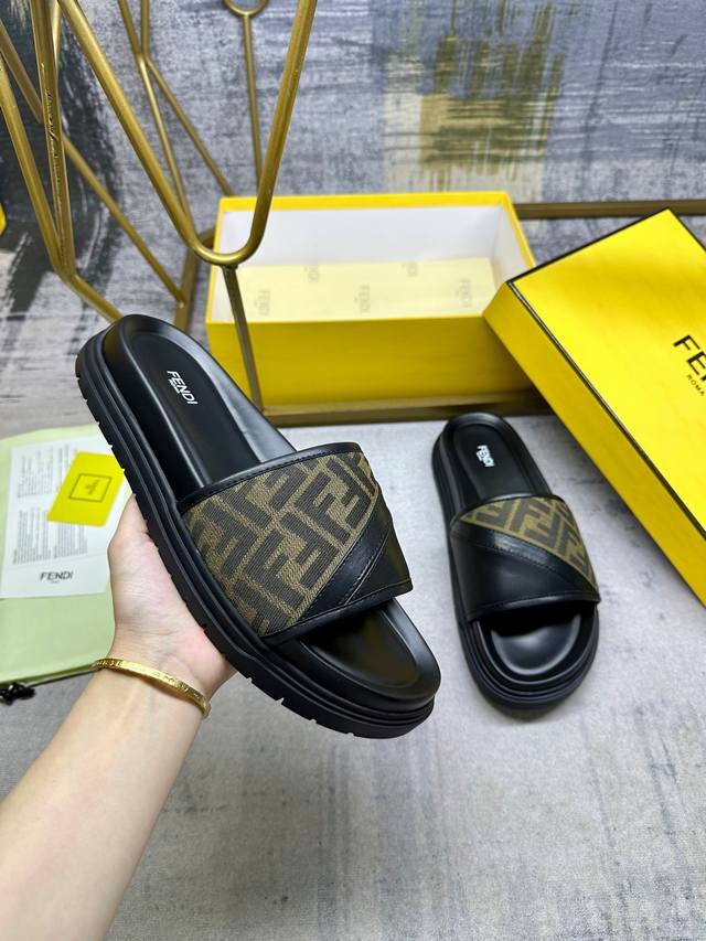 Fendi Latest Wide Padded Slippers, Army Green Ff Jacquard And Black Cowhide Stit