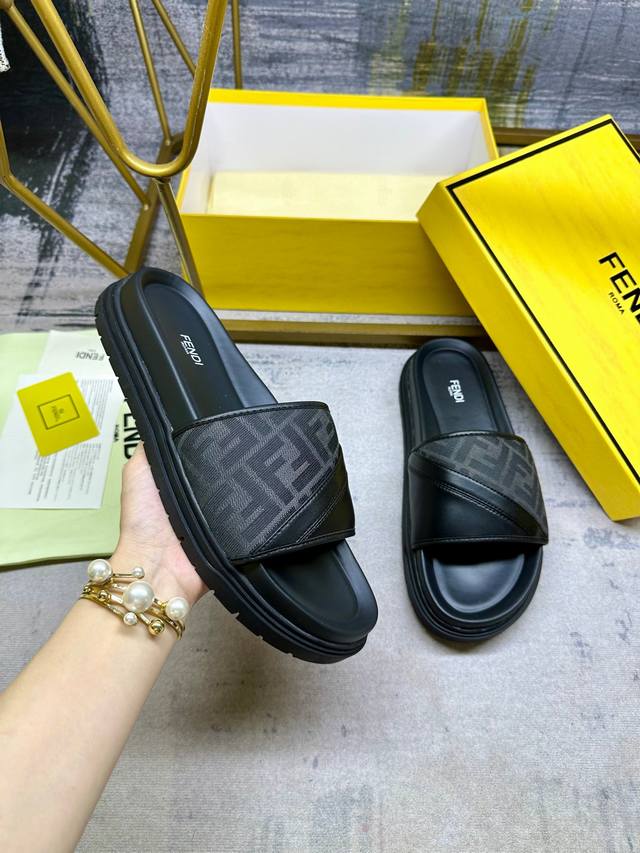 Fendi Latest Wide Padded Slippers, Gray Ff Jacquard And Black Cowhide Stitching,