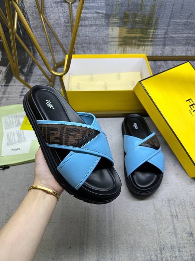 Fendi's Latest Cross-Stripe Slippers, Brown Ff Jacquard And Blue Leather Stitchi