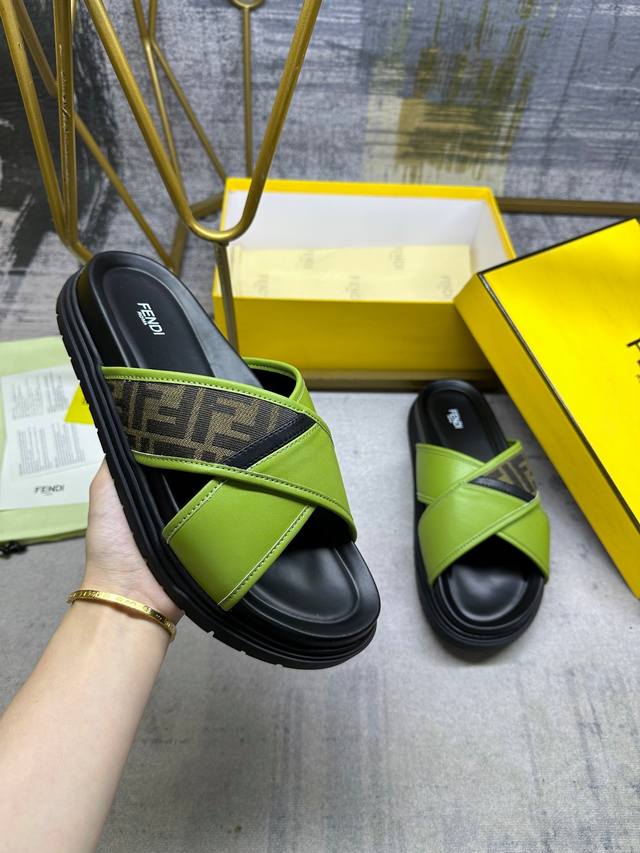Fendi's Latest Cross-Stripe Slippers, Military Green Ff Jacquard And Green Cowhi