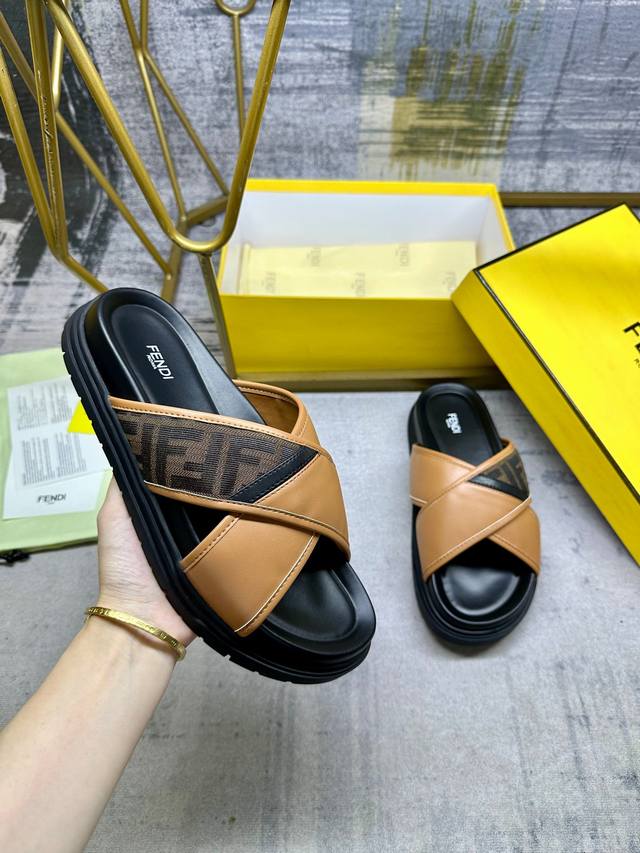 Fendi's Latest Cross-Stripe Slippers, Brown Ff Jacquard And Brown Leather Stitch