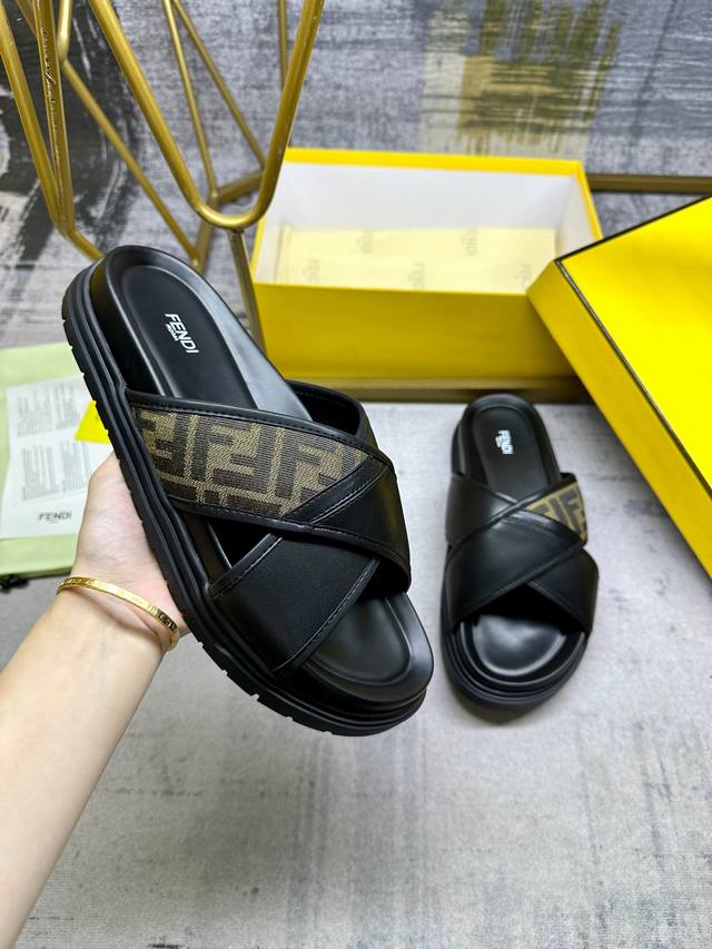 Fendi's Latest Cross-Stripe Slippers, Military Green Ff Jacquard And Black Leath