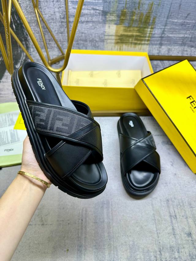 Fendi's Latest Cross-Stripe Slippers, Gray Ff Jacquard And Black Leather Stitchi