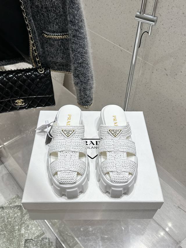Top Version Prada 2025 Spring And Summer New Sawtooth Roman Braided Thick-Soled