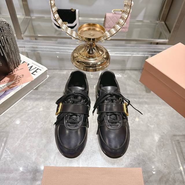 Factory Miumi*25Ss New Catwalk Style, Brushed Cowhide, Old German Training Shoes