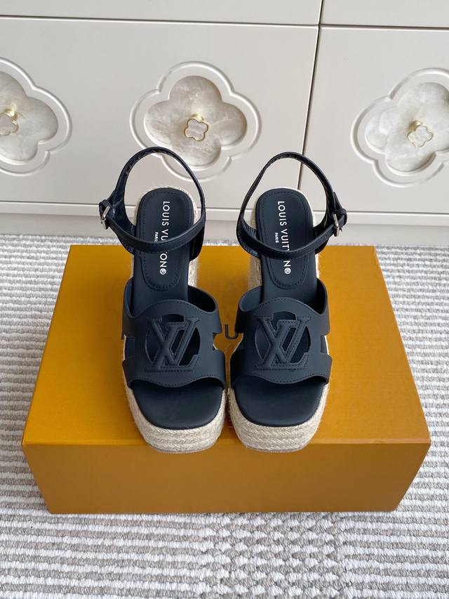 L&V Lv Letter Hollow Straw Wedge Sandals Top Quality This Helios Wedge Sandal Is