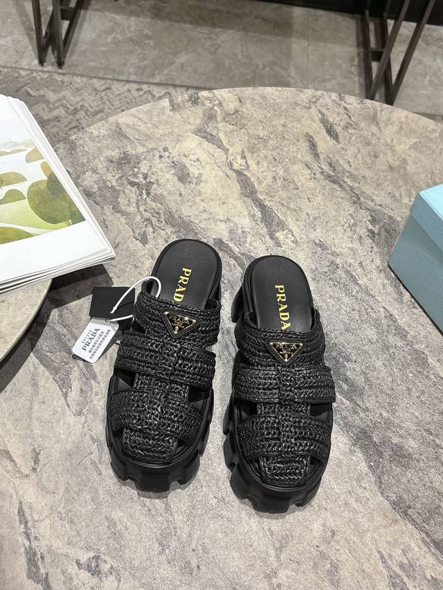 Prada Prada 25 Spring And Summer New Sawtooth Roman Woven Thick-Soled Rubber San