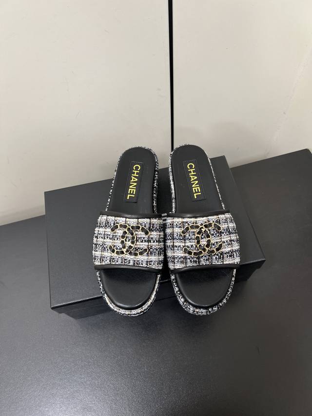 Chanel Chain Double C Buckle Thick-Soled Colorful Cloth Tweed Sandals The Iconic