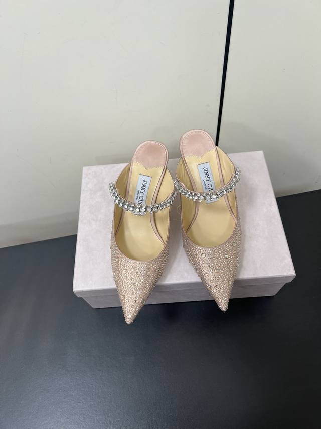 Jimmy Choo Classic Diamond Chain Pointed High-Heeled Slippers Crystal Shoes The