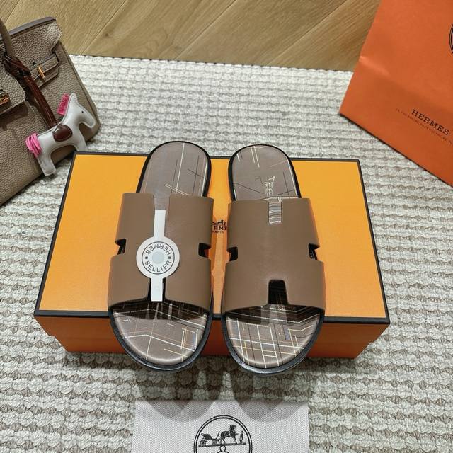 Hernes Hermes Leather Fabric, Sheepskin Lining, High-End H Men's Slippers, Itali