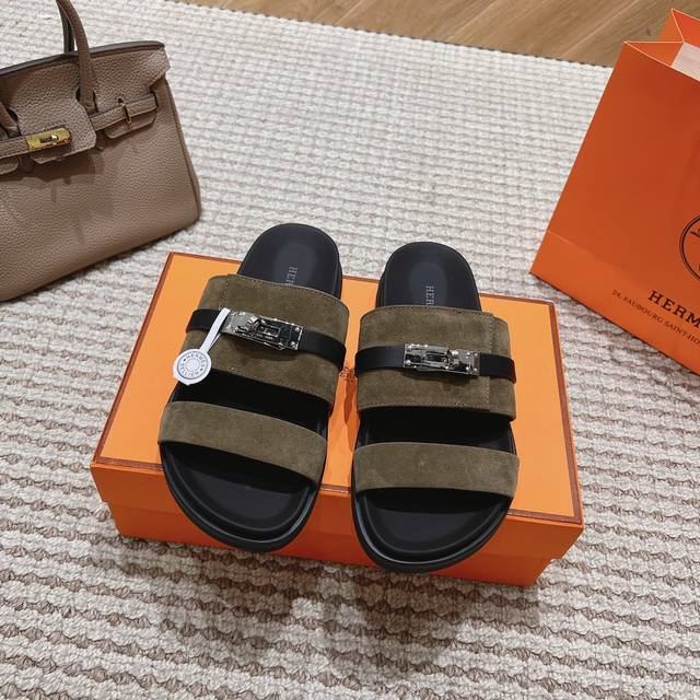Hernes Hermes Leather Fabric, Sheepskin Lining, High-End H Men's Slippers, Itali