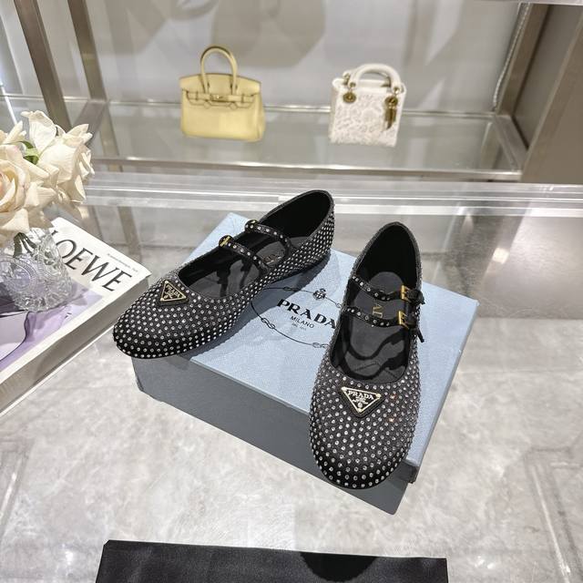 25 The Latest Prada Prada New Diamond Mary Jane Single Shoes Ballet Shoes, Super
