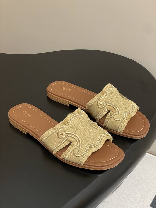 25Ss New Spring And Summer Celine Retro Distressed Fabric Slippers Arc De Triomp
