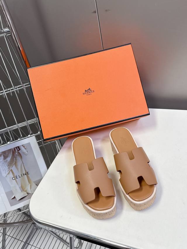 Hermes Hermes H-Shaped Cowhide Wood Bran Sole Thick-Soled Platform High-Heeled S