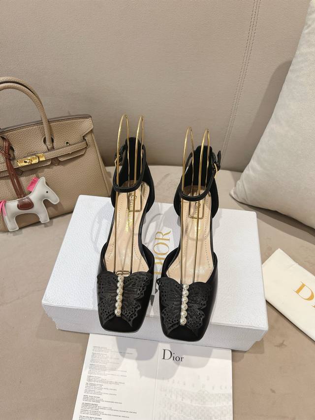 Dior*Slippers 24Ss New Square Buckle Bow Series Mid-Heel Sandals Slippers Materi
