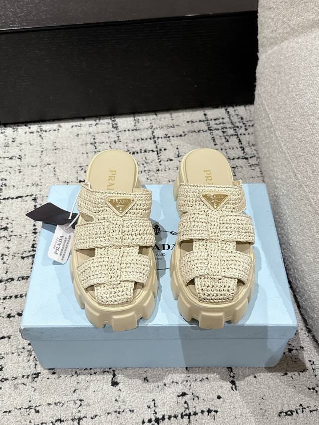 Top Version Prada 25 New Roman Woven Cap Toe Thick-Soled Platform Sandals The Co