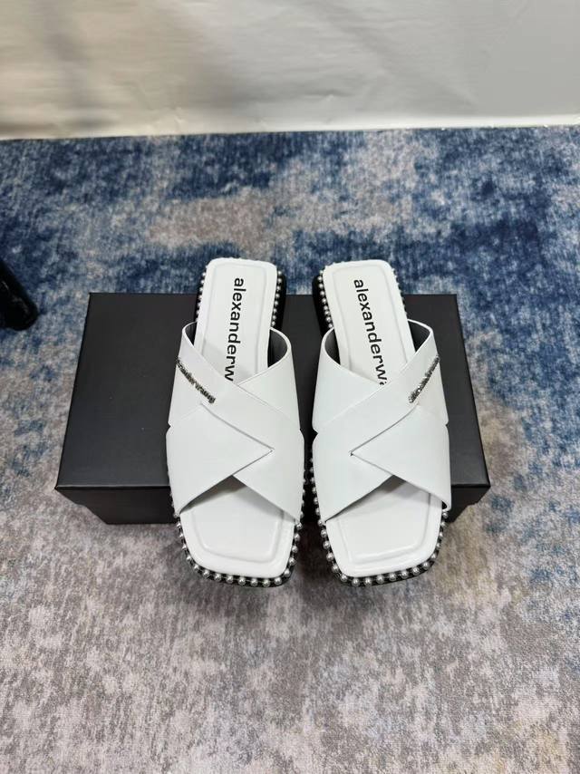 Orange Factory Price P Alexander Wang Square Toe Flat Slippers Cross Strap Casua