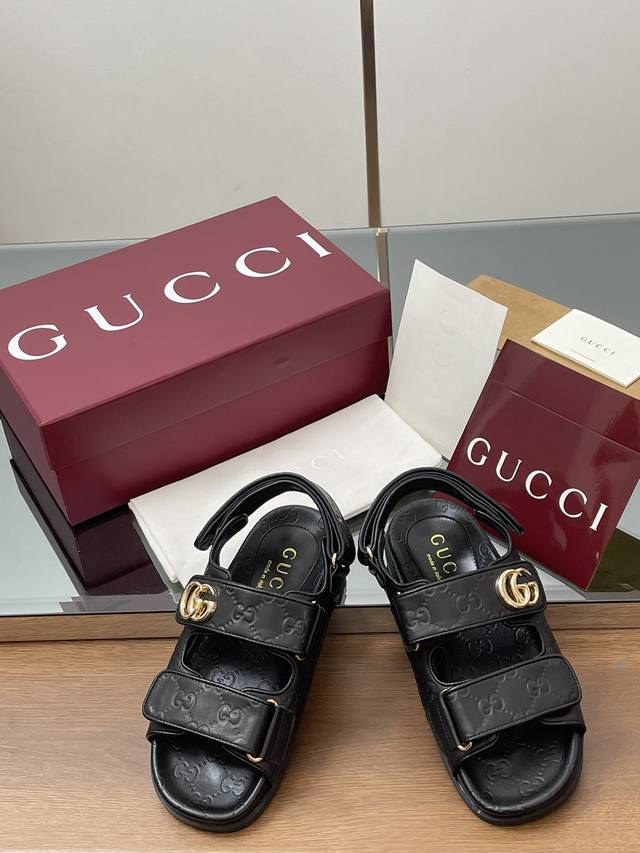 Factory: Gucci Spring And Summer New Gg Embossed Velcro Flat Sandals Casual Wome