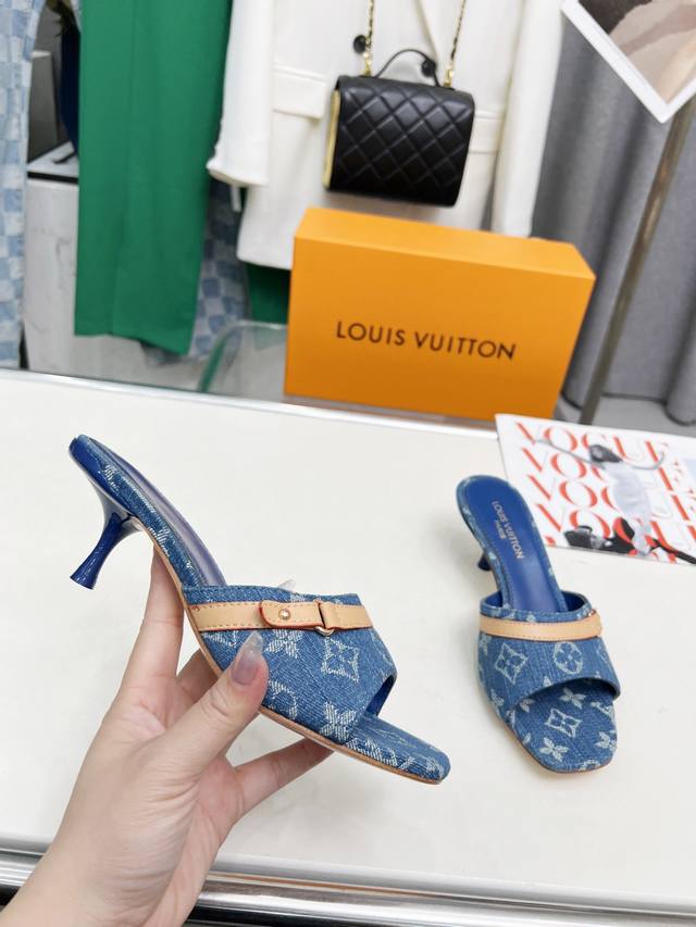 Factory: Lv New Denim Kitten Heel Slippers 2025 Summer Goddesses Must-Have Summe