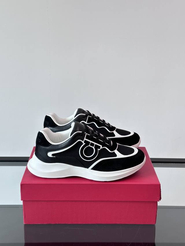 Ferragamo Men's New Mesh Breathable Patchwork Calf Leather Casual Sports Shoes,