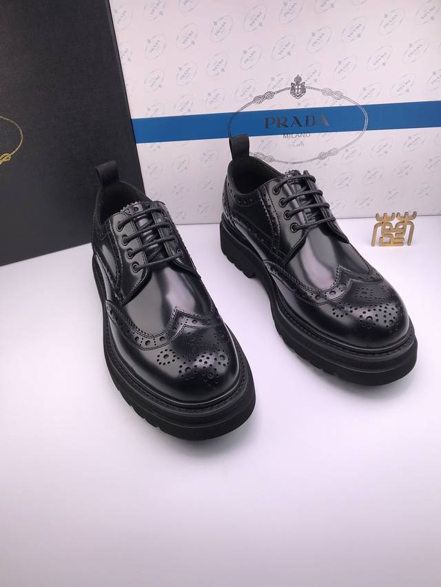4Cm Thick Sole Prad* Ultra-Light Foam Thick Sole, Split Pearl Cowhide, High-End