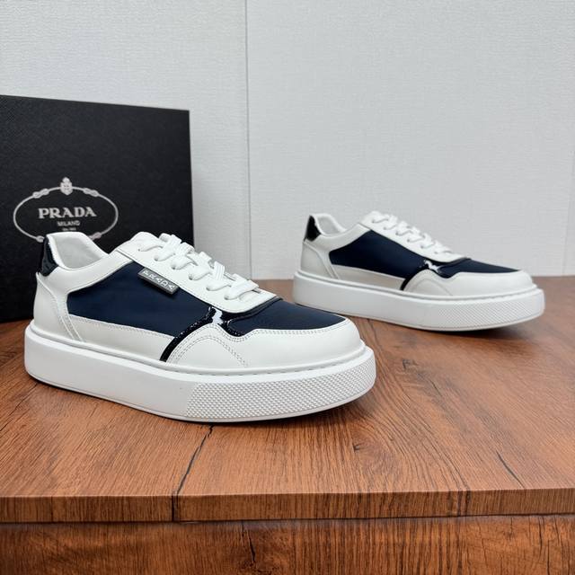 Premium Version Prada New Men's Leather Patchwork Sneakers Thick-Soled Lightweig