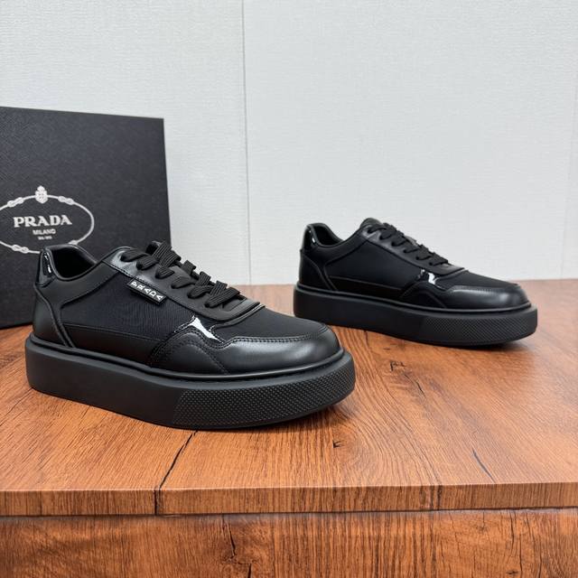 Premium Version Prada New Men's Leather Patchwork Sneakers Thick-Soled Lightweig