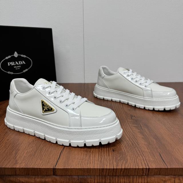 Prada New Board Shoes! Two-Sided Split Pearl-Stitched Calfskin Upper, Classic Go