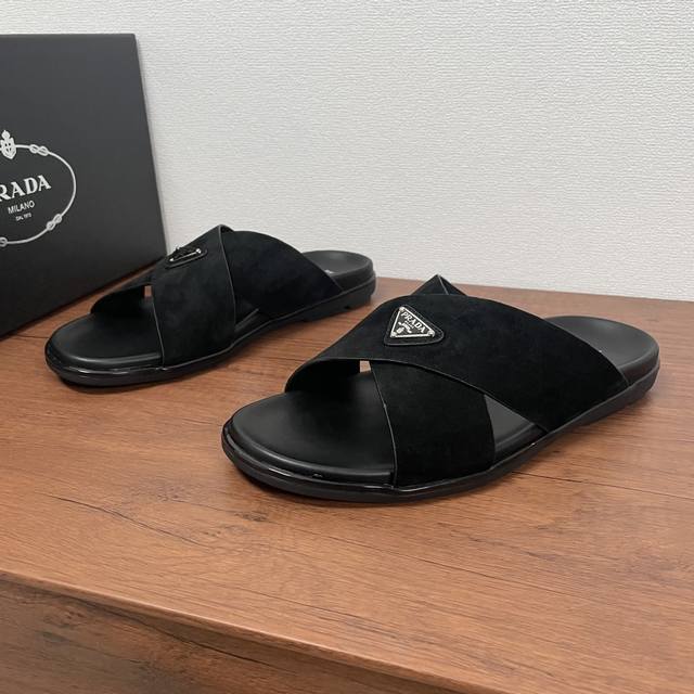 Top-Tier Version Prada New Men's Suede Leather Cross-Strap Sandals. These Cross-