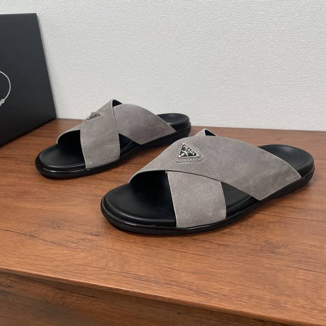 Premium Version Prada New Men's Suede Leather Cross-Strap Sandals These Cross-St