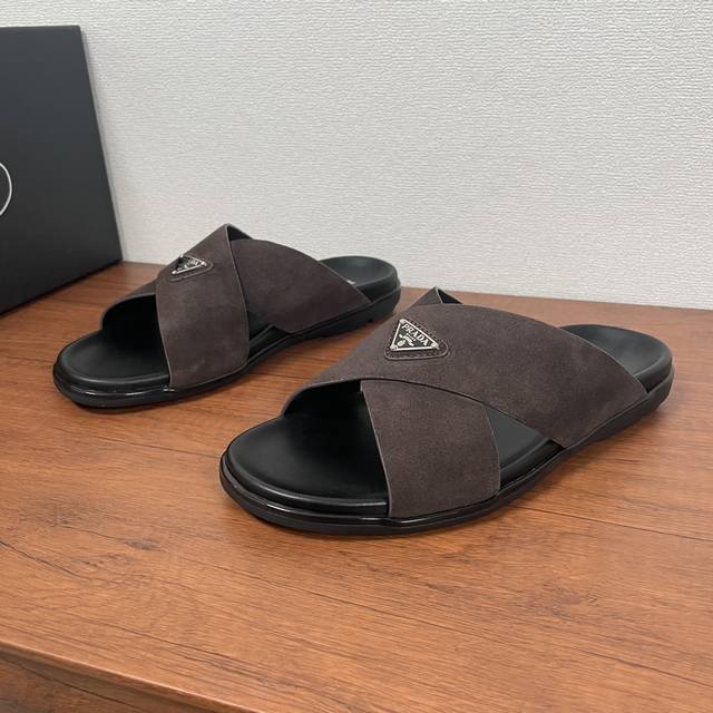 Premium Version Prada New Men's Suede Leather Cross-Strap Sandals These Cross-St