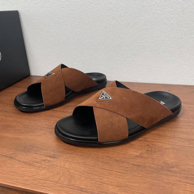 Top-Tier Version Prada New Men's Suede Leather Cross-Strap Sandals. These Cross-