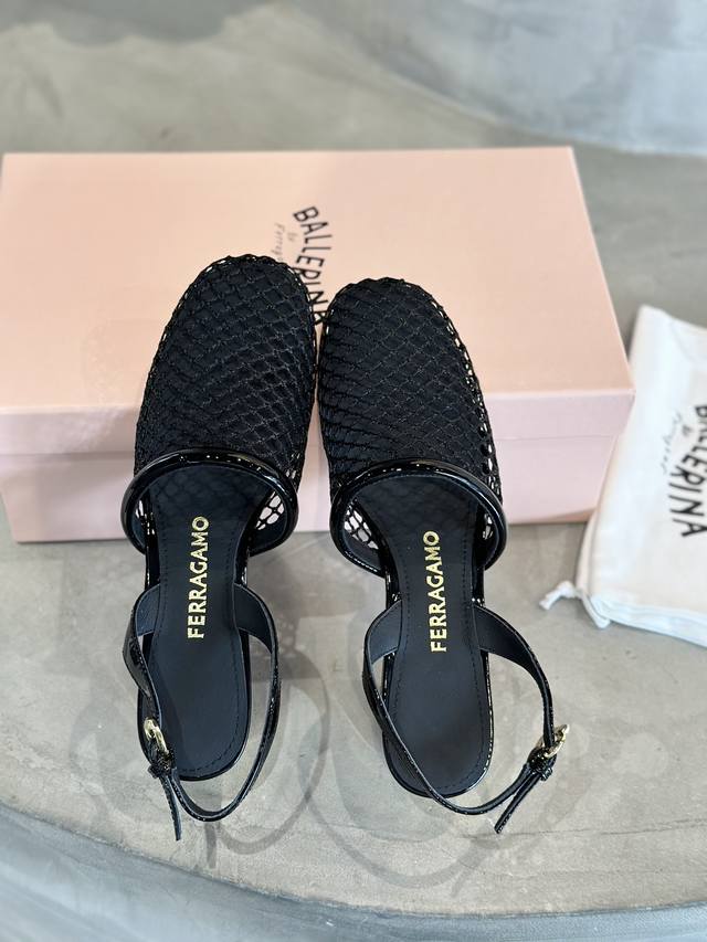 Factory Price Ferraga*O Spring/Summer New Arrival Fishnet Chunky Heel Sandals! F