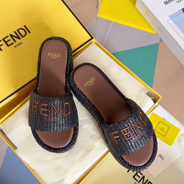 Top-Tier Version: Woven Straw Fendi New Sunshine Series Ff Vintage Pattern, Wedg
