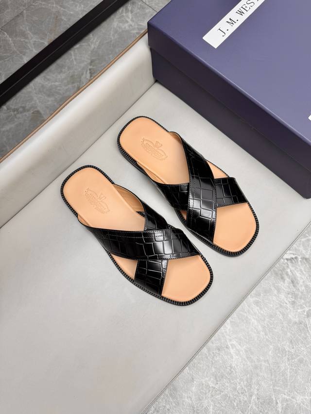 J.M.Weston Premium Genuine Leather Summer Men's Slippers, Imported Genuine Leath