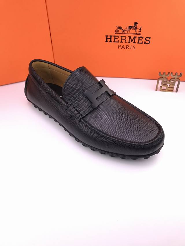 Herm S* Coarse-Textured Calfskin, Thin Heel, Business-Style Leather Shoes. Premi