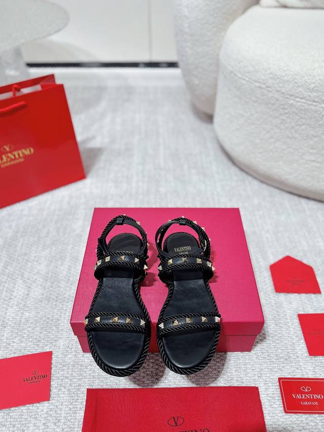 Valentino High-End New Edition Electroplated Nail-Studded Hemp Rope Woven Sandal