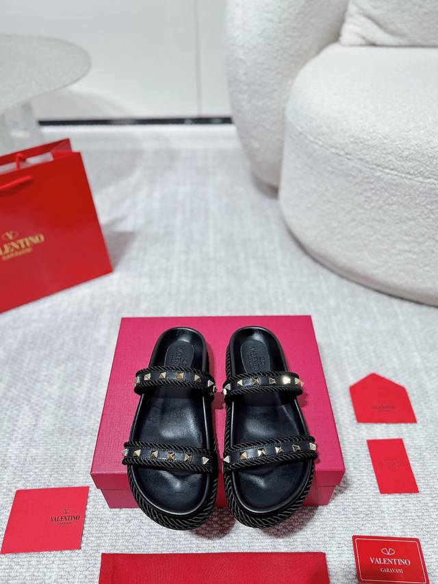 Valentino High-End New Edition Electroplated Studded Hemp Rope Woven Sandals. Mi