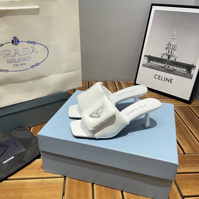 P Direct Sales Prada Ss Shiny Debut High-Heel Square-Toe Slippers, Featuring The