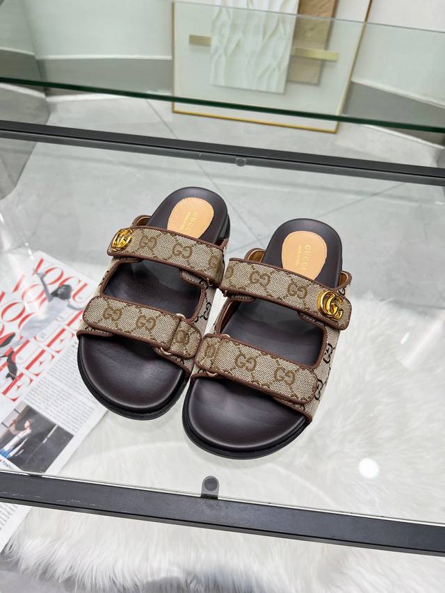 P Direct Sale Gucci Two-Strap Velcro Flat Sandals Beach Shoes Early Spring Serie
